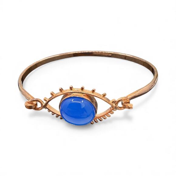 Natural Blue Chalcedony Eye Hook Bangle Bracelet Handmade Solid Copper Artisan - Picture 2 of 8